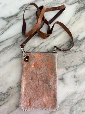 Leather Rose Gold Metallic Haircalf Crossbody with Brown Suede Strap Italy NWOT